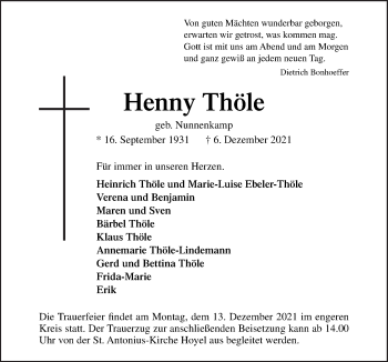 Traueranzeige von Henny Thöle von Neue Osnabrücker Zeitung GmbH & Co. KG