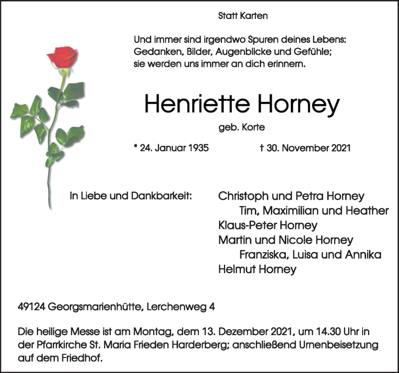  Traueranzeige für Henriette Horney vom 08.12.2021 aus Neue Osnabrücker Zeitung GmbH & Co. KG