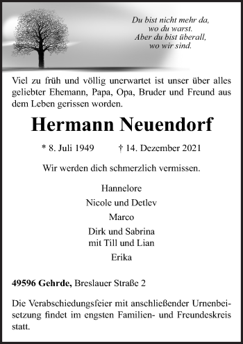 Traueranzeige von Hermann Neuendorf von Neue Osnabrücker Zeitung GmbH & Co. KG