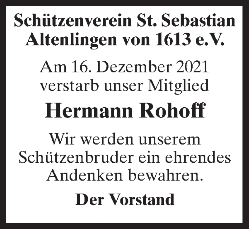  Traueranzeige für Hermann Rohoff vom 21.12.2021 aus Neue Osnabrücker Zeitung GmbH & Co. KG