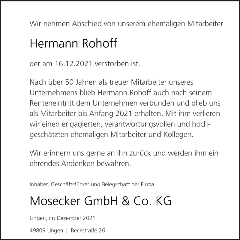  Traueranzeige für Hermann Rohoff vom 20.12.2021 aus Neue Osnabrücker Zeitung GmbH & Co. KG