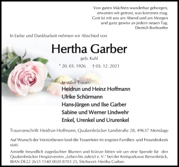 Traueranzeige von Hertha Garber von Neue Osnabrücker Zeitung GmbH & Co. KG