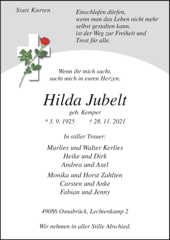 Traueranzeige von Hilda Jubelt von Neue Osnabrücker Zeitung GmbH & Co. KG