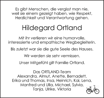 Traueranzeige von Hildegard Ortland von Neue Osnabrücker Zeitung GmbH & Co. KG