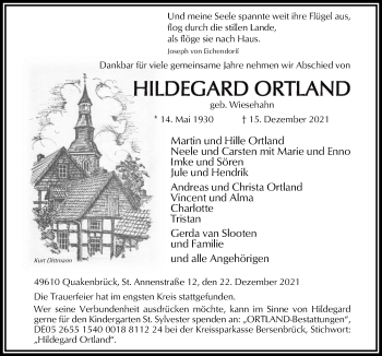 Traueranzeige von Hildegard Ortland von Neue Osnabrücker Zeitung GmbH & Co. KG