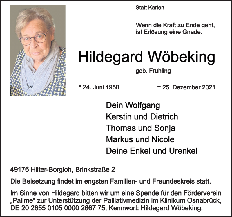  Traueranzeige für Hildegard Wöbeking vom 30.12.2021 aus Neue Osnabrücker Zeitung GmbH & Co. KG