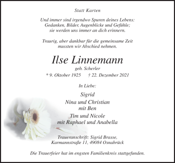 Traueranzeige von Ilse Linnemann von Neue Osnabrücker Zeitung GmbH & Co. KG