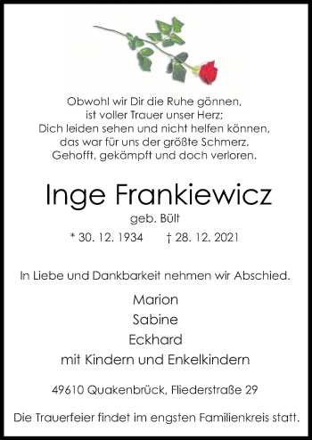 Traueranzeige von Inge Frankiewicz von Neue Osnabrücker Zeitung GmbH & Co. KG