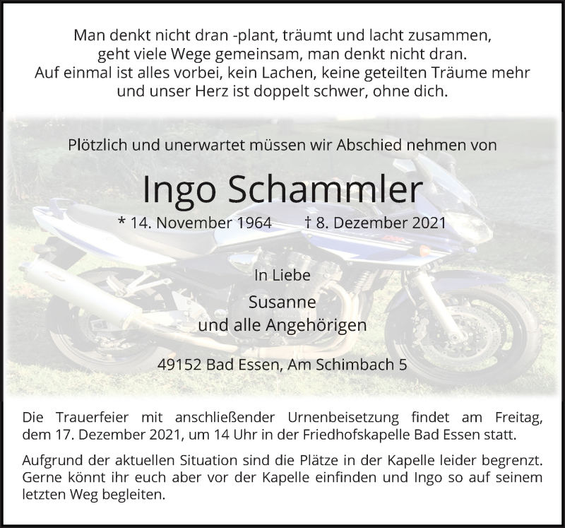  Traueranzeige für Ingo Schammler vom 13.12.2021 aus Neue Osnabrücker Zeitung GmbH & Co. KG