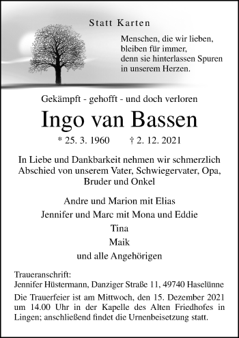 Traueranzeige von Ingo van Bassen von Neue Osnabrücker Zeitung GmbH & Co. KG