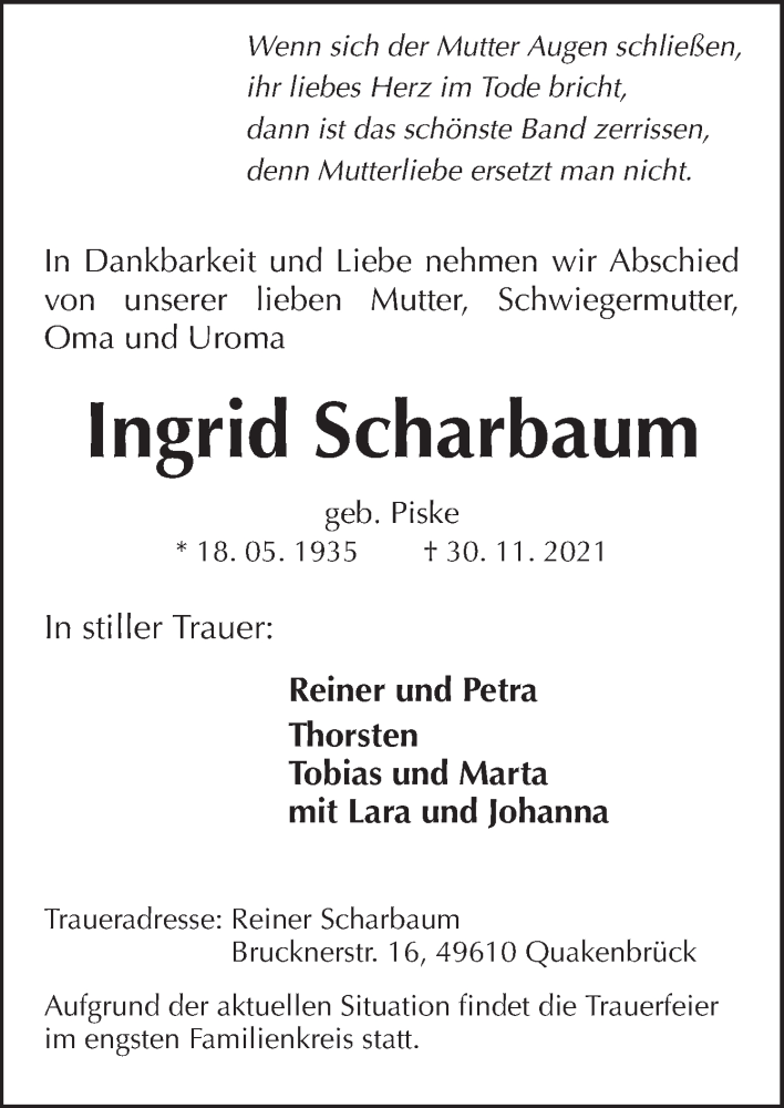  Traueranzeige für Ingrid Scharbaum vom 02.12.2021 aus Neue Osnabrücker Zeitung GmbH & Co. KG