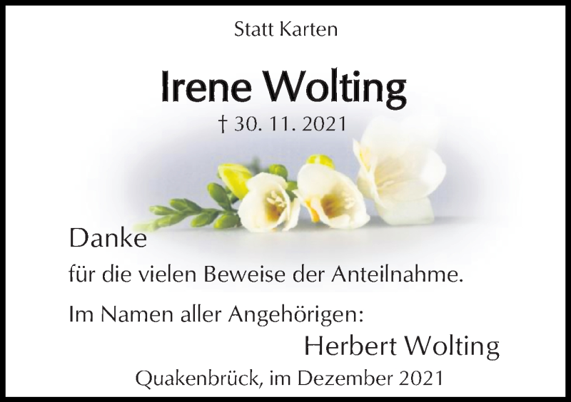 Traueranzeige für Irene Wolting vom 30.12.2021 aus Neue Osnabrücker Zeitung GmbH & Co. KG