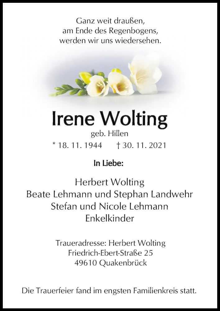 Traueranzeige für Irene Wolting vom 04.12.2021 aus Neue Osnabrücker Zeitung GmbH & Co. KG