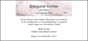 Traueranzeige von Irmgard Gröne von Neue Osnabrücker Zeitung GmbH & Co. KG