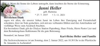 Traueranzeige von Janni Heller von Neue Osnabrücker Zeitung GmbH & Co. KG