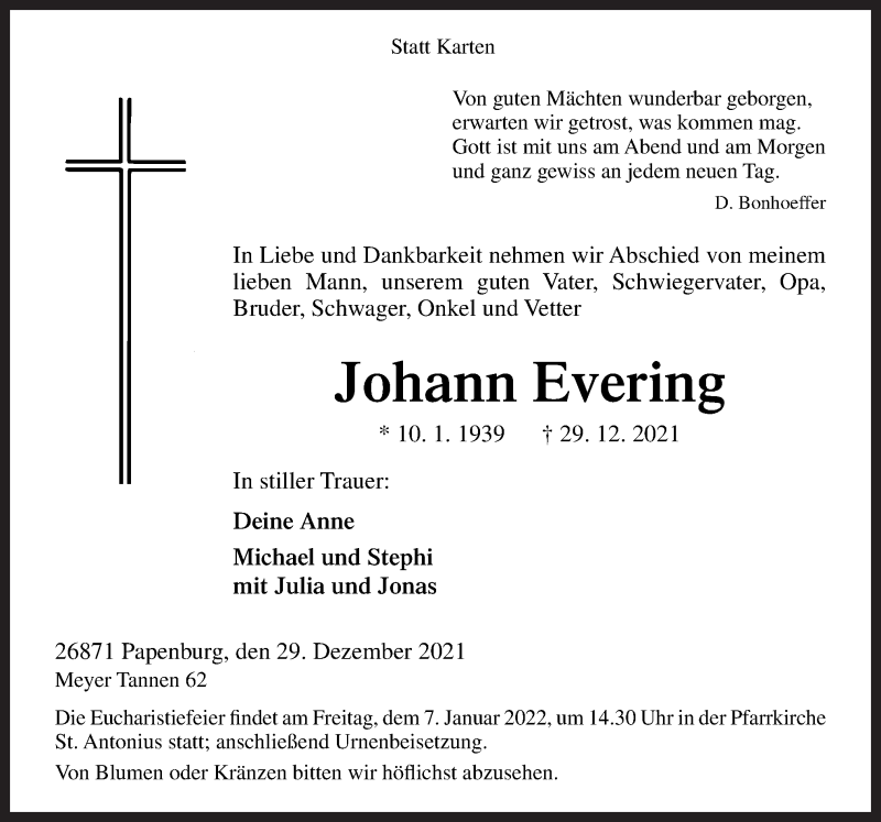  Traueranzeige für Johann Evering vom 31.12.2021 aus Neue Osnabrücker Zeitung GmbH & Co. KG