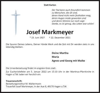 Traueranzeige von Josef Markmeyer von Neue Osnabrücker Zeitung GmbH & Co. KG