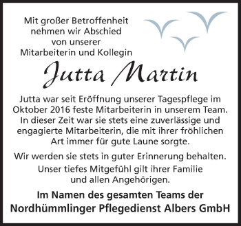 Traueranzeige von Jutta Martin von Neue Osnabrücker Zeitung GmbH & Co. KG