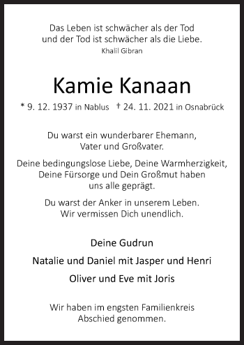 Traueranzeige von Kamie Kanaan von Neue Osnabrücker Zeitung GmbH & Co. KG
