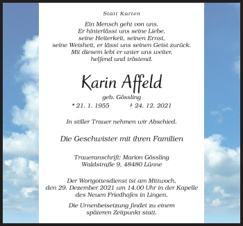 Traueranzeige von Karin Affeld von Neue Osnabrücker Zeitung GmbH & Co. KG