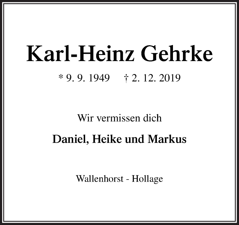  Traueranzeige für Karl-Heinz Gehrke vom 02.12.2021 aus Neue Osnabrücker Zeitung GmbH & Co. KG