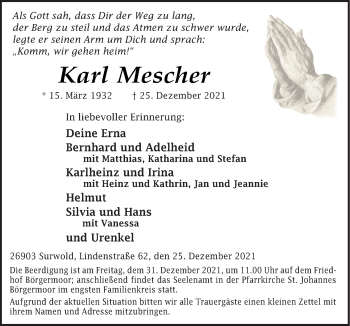 Traueranzeige von Karl Mescher von Neue Osnabrücker Zeitung GmbH & Co. KG