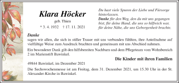 Traueranzeige von Klara Höcker von Neue Osnabrücker Zeitung GmbH & Co. KG