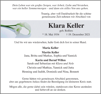 Traueranzeige von Klara Keller von Neue Osnabrücker Zeitung GmbH & Co. KG