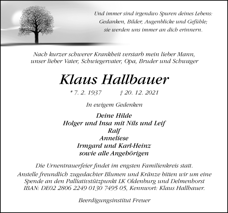  Traueranzeige für Klaus Hallbauer vom 27.12.2021 aus Neue Osnabrücker Zeitung GmbH & Co. KG