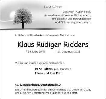 Traueranzeige von Klaus Rüdiger Ridders von Neue Osnabrücker Zeitung GmbH & Co. KG