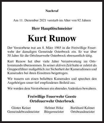 Traueranzeige von Kurt Runow von Neue Osnabrücker Zeitung GmbH & Co. KG