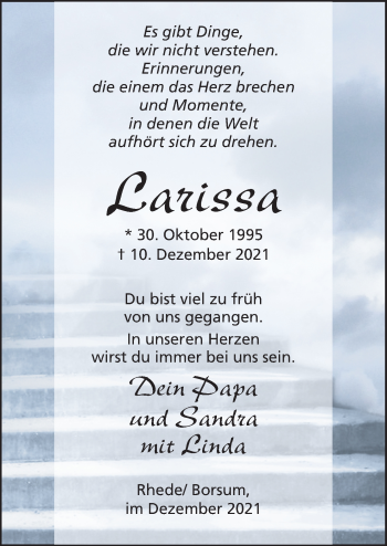 Traueranzeige von Larissa  von Neue Osnabrücker Zeitung GmbH & Co. KG