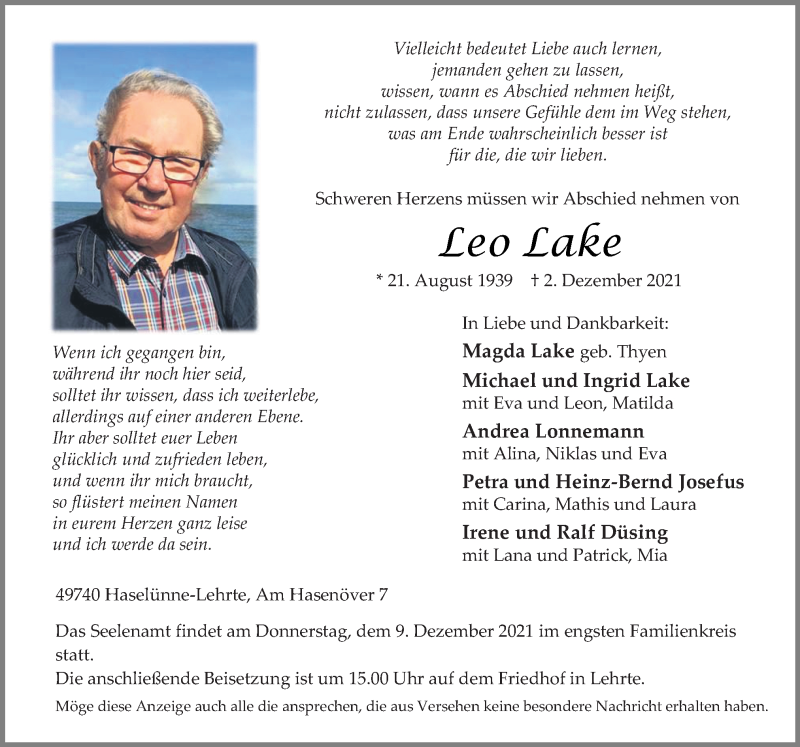 Traueranzeige für Leo Lake vom 04.12.2021 aus Neue Osnabrücker Zeitung GmbH & Co. KG
