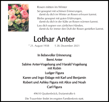 Traueranzeige von Lothar Anter von Neue Osnabrücker Zeitung GmbH & Co. KG