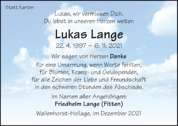 Traueranzeige von Lukas Lange von Neue Osnabrücker Zeitung GmbH & Co. KG