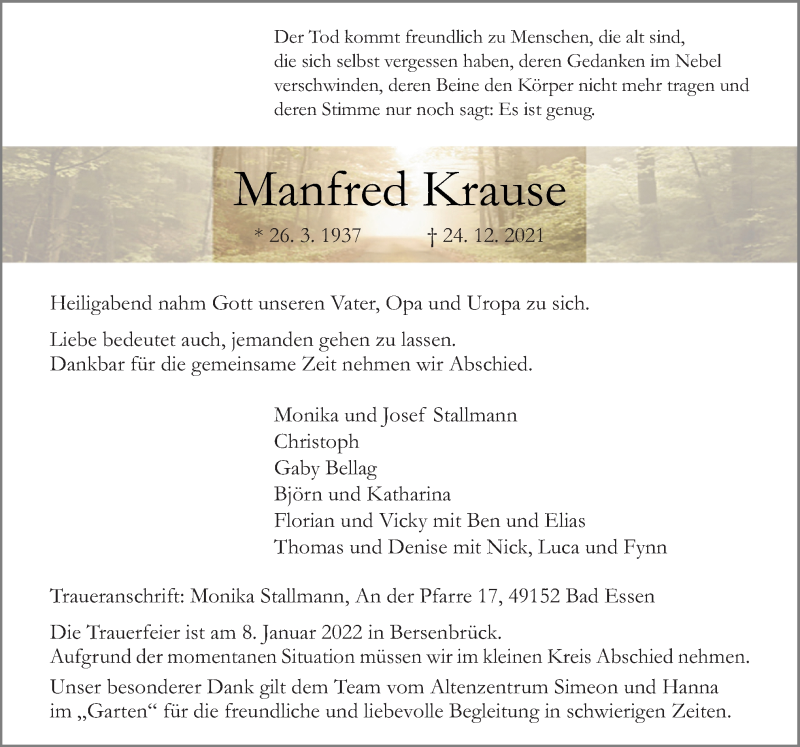  Traueranzeige für Manfred Krause vom 31.12.2021 aus Neue Osnabrücker Zeitung GmbH & Co. KG