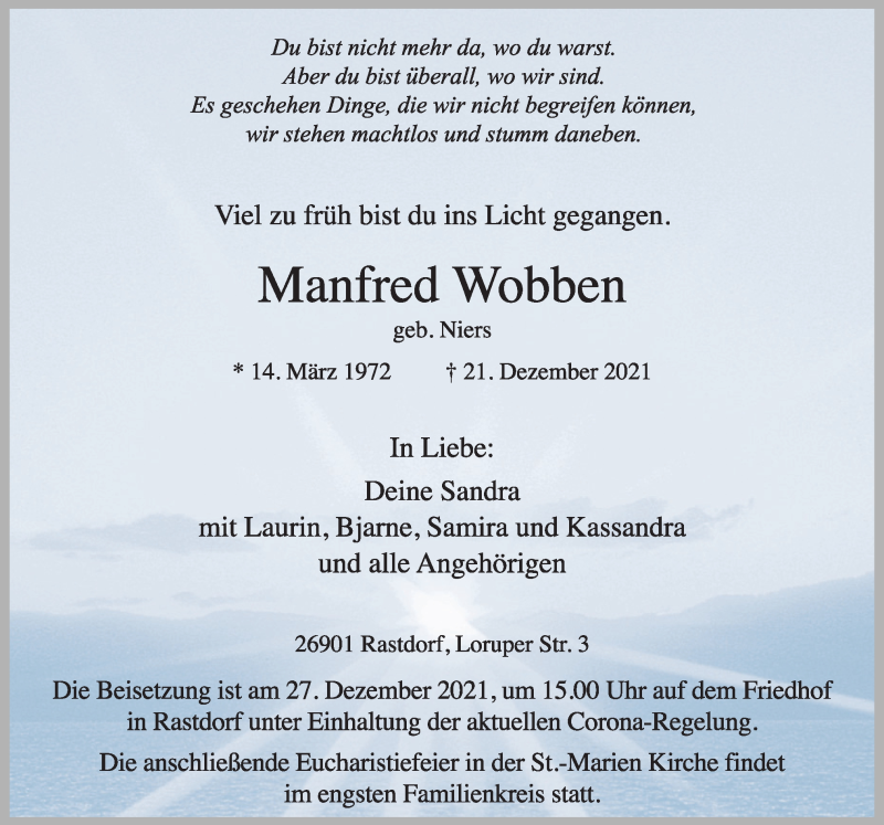  Traueranzeige für Manfred Wobben vom 27.12.2021 aus Neue Osnabrücker Zeitung GmbH & Co. KG