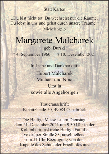Traueranzeige von Margarete Malcharek von Neue Osnabrücker Zeitung GmbH & Co. KG
