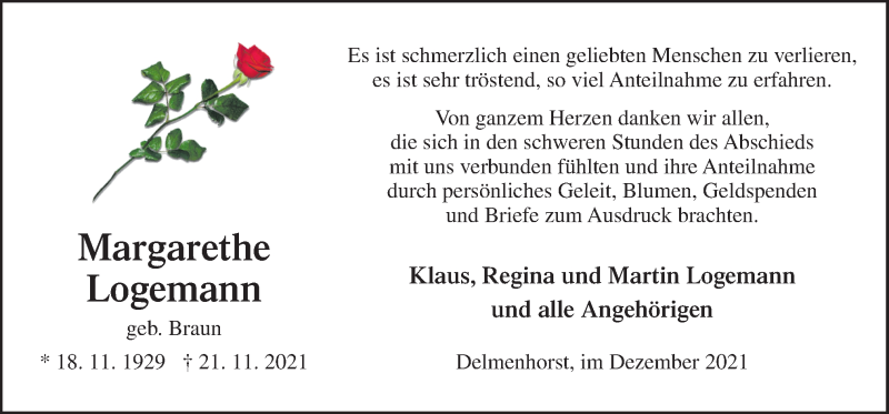  Traueranzeige für Margarethe Logemann vom 24.12.2021 aus Neue Osnabrücker Zeitung GmbH & Co. KG