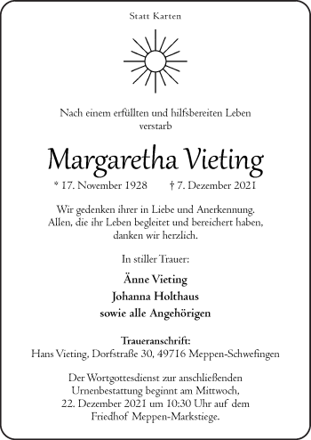 Traueranzeige von Margaretka Vieting von Neue Osnabrücker Zeitung GmbH & Co. KG