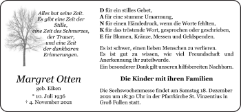 Traueranzeige von Margret Otten von Neue Osnabrücker Zeitung GmbH & Co. KG