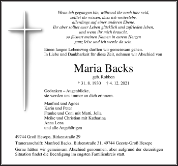 Traueranzeige von Maria Backs von Neue Osnabrücker Zeitung GmbH & Co. KG