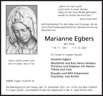 Traueranzeige von Marianne Egbers von Neue Osnabrücker Zeitung GmbH & Co. KG