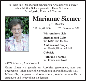 Traueranzeige von Marianne Siemer von Neue Osnabrücker Zeitung GmbH & Co. KG