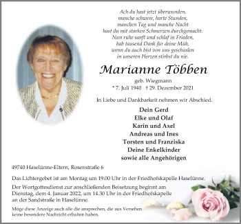 Traueranzeige von Marianne Többen von Neue Osnabrücker Zeitung GmbH & Co. KG