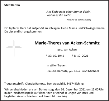 Traueranzeige von Marie-Theres van Acken-Schmitz von Neue Osnabrücker Zeitung GmbH & Co. KG