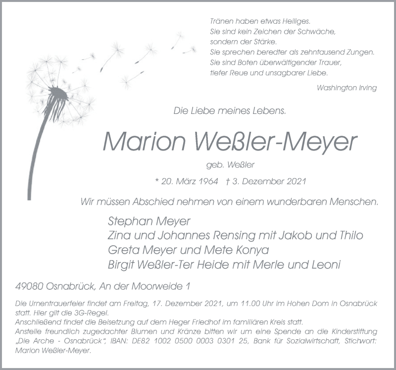  Traueranzeige für Marion Weßler-Meyer vom 11.12.2021 aus Neue Osnabrücker Zeitung GmbH & Co. KG