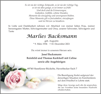 Traueranzeige von Marlies Backsmann von Neue Osnabrücker Zeitung GmbH & Co. KG