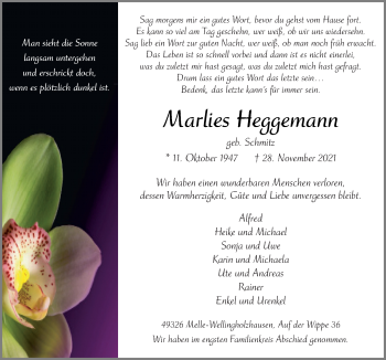 Traueranzeige von Marlies Heggemann von Neue Osnabrücker Zeitung GmbH & Co. KG