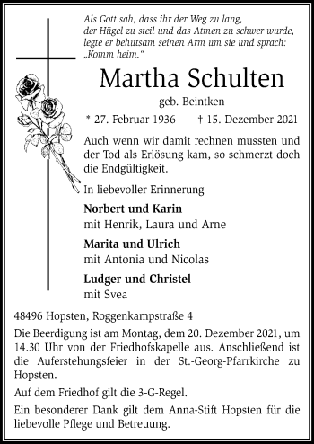 Traueranzeige von Martha Schulten von Neue Osnabrücker Zeitung GmbH & Co. KG